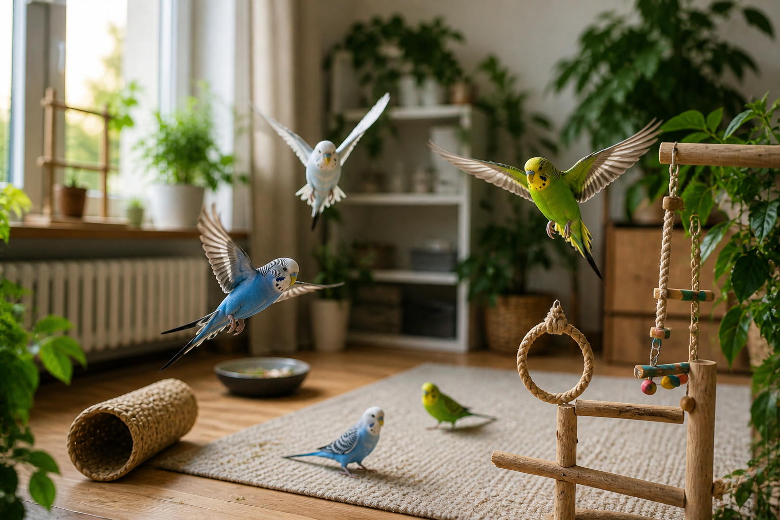 Wellensittiche beim Freiflug im Zimmer