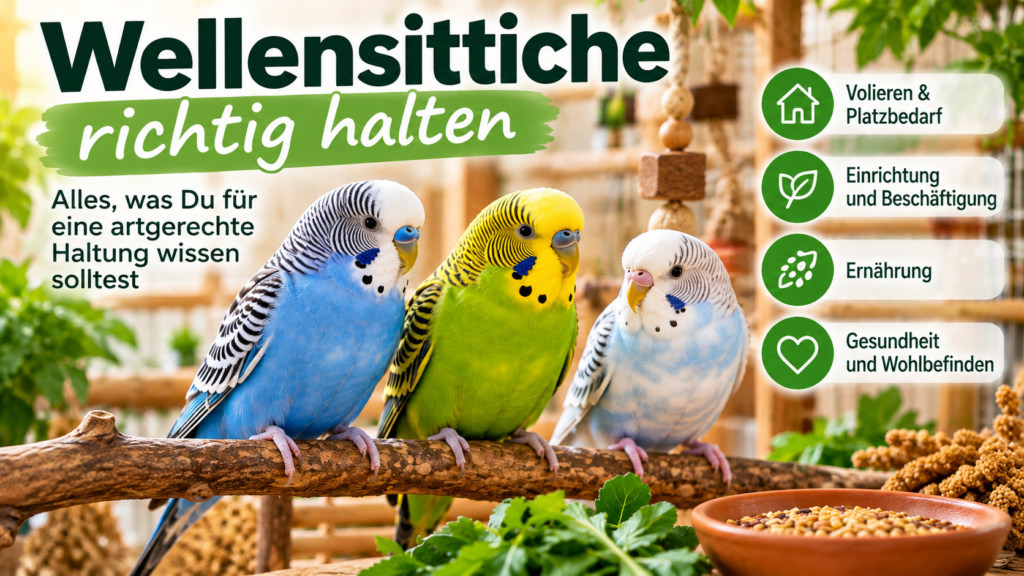 Drei Wellensittiche auf einem Naturast – Ratgeber zur artgerechten Wellensittichhaltung