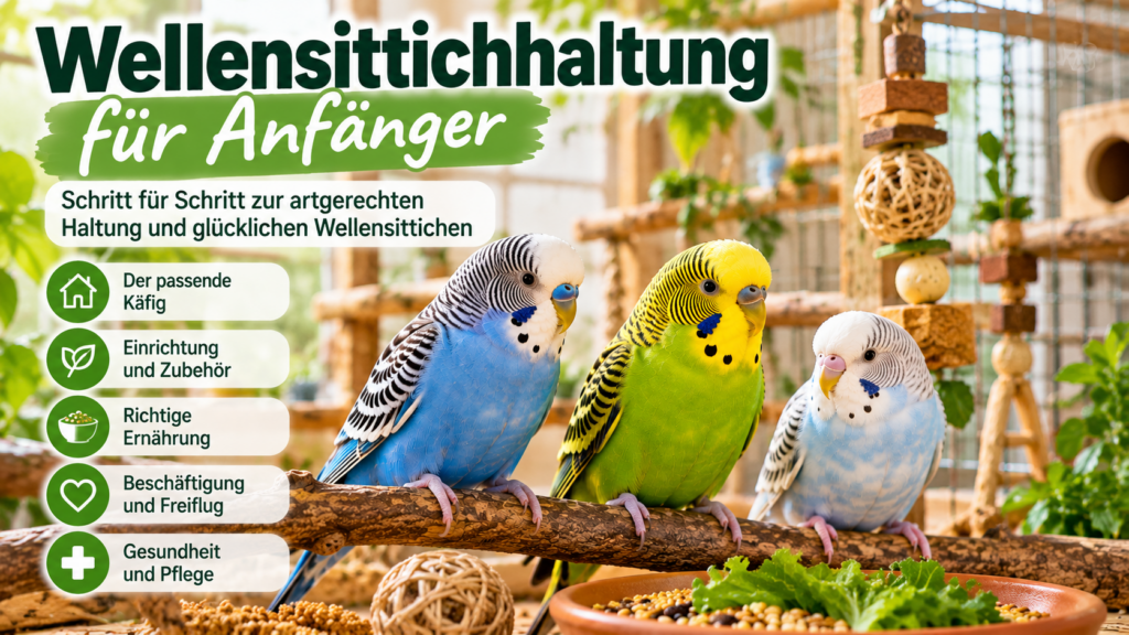 Drei Wellensittiche auf einem Naturast – Ratgeber zur Wellensittichhaltung für Anfänger
