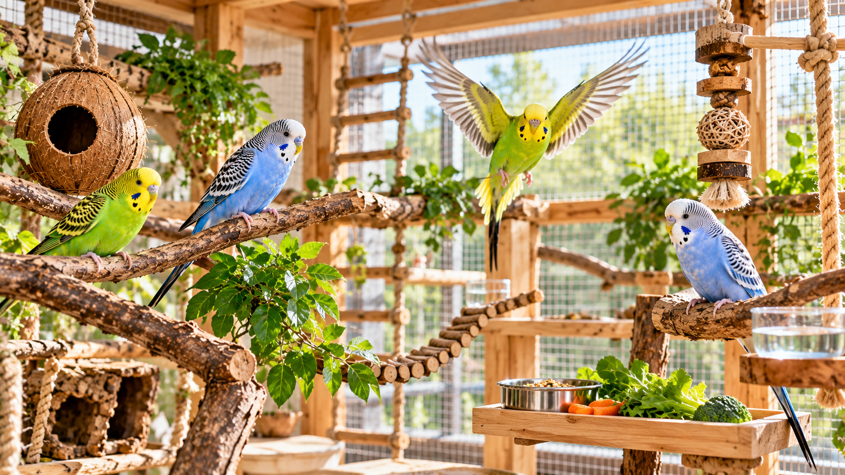 Ein blauer und ein grüner Wellensittich sitzen gemeinsam auf einem Naturast
