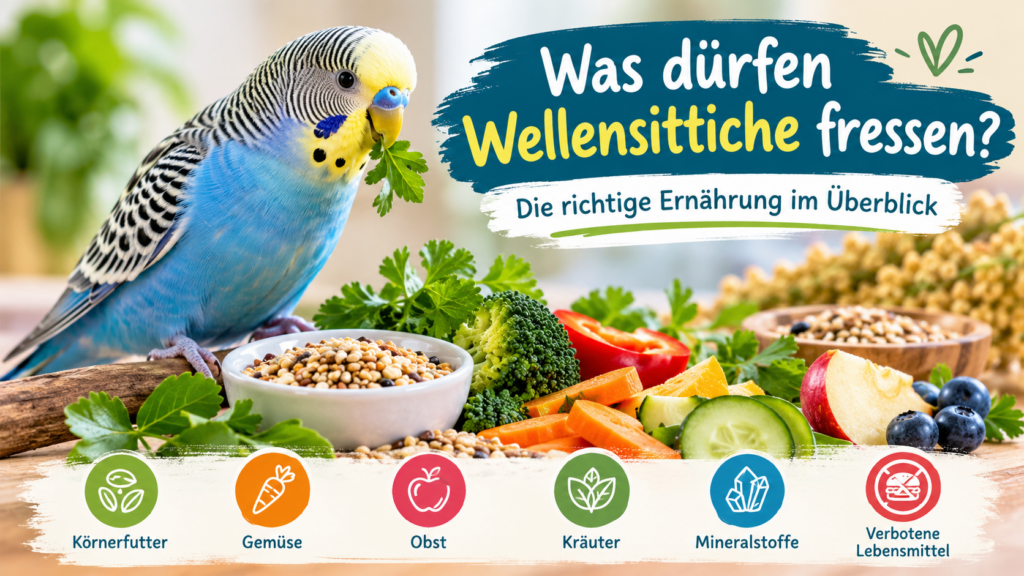 Was dürfen Wellensittiche fressen? Blauer Wellensittich mit Körnerfutter, Gemüse, Kräutern und Obst.